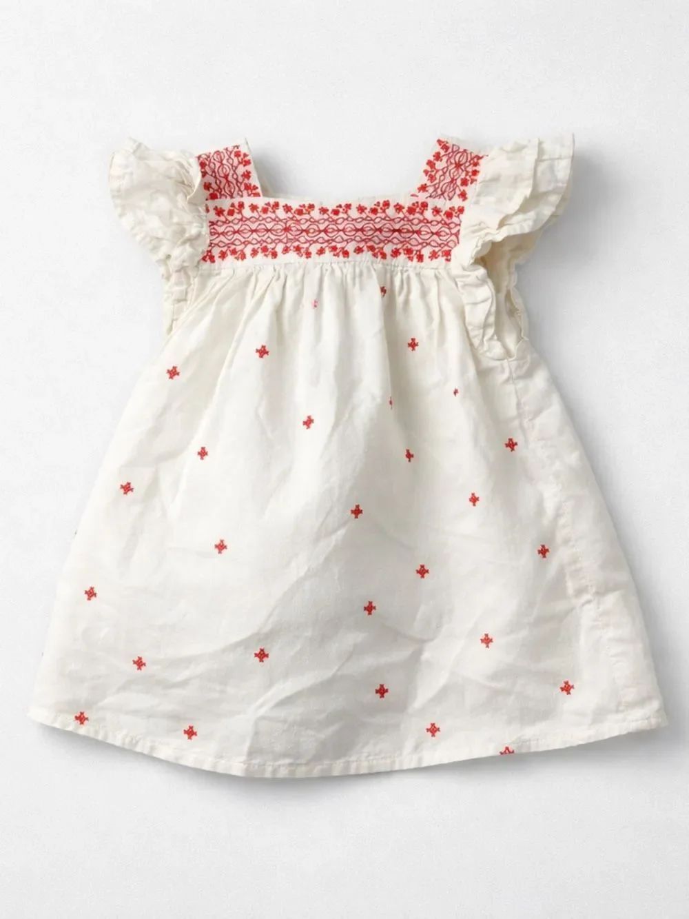 Old Navy ivory with red embroidery cotton flutter sleeve dress size 3-6 months